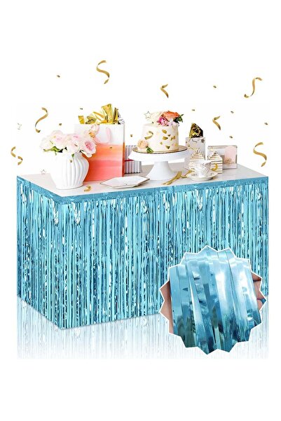 Deniz Party Store PÜSKÜLLÜ PARLAK METALİZE MAVİ MASA ETEĞİ KULLANAT 75X360 CM...