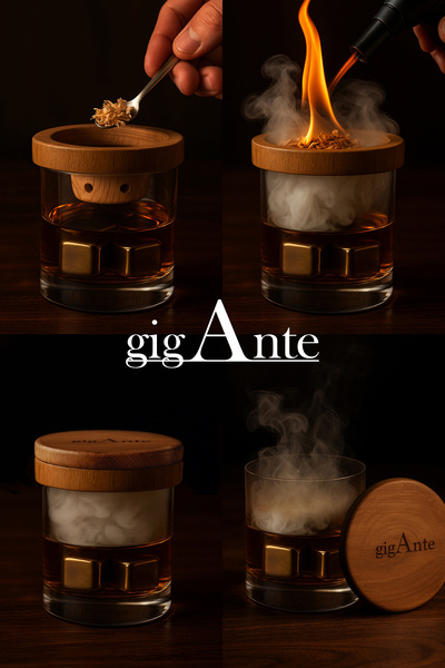 gigAnte Whiskey & Cocktail Smoking Set – 4 Different Flavoring Shavings, Jet Lighter, Steel Ice, Wooden Box