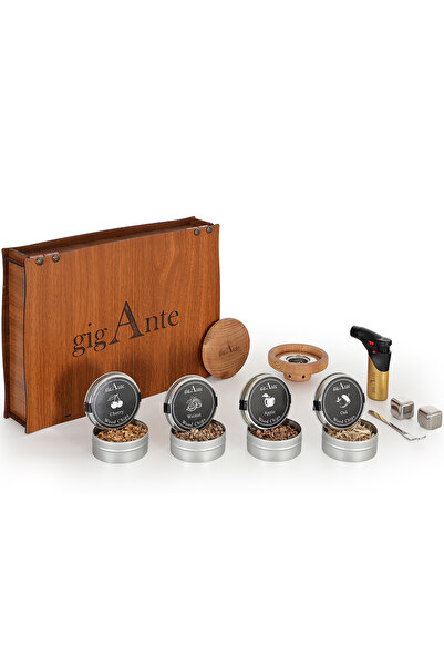 gigAnte Whiskey & Cocktail Smoking Set – 4 Different Flavoring Shavings, Jet Lighter, Steel Ice, Wooden Box