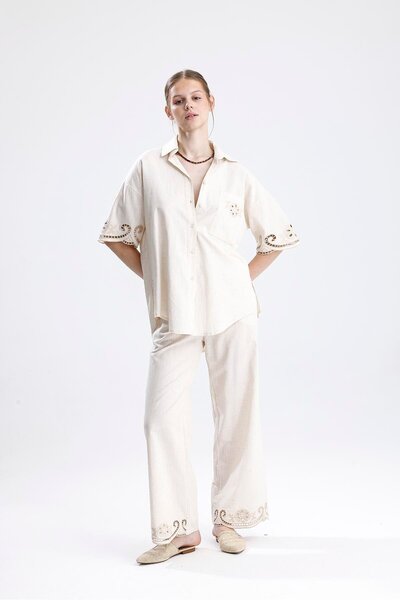 VAPUR TEKSTİL White Business Embroidered Linen Double Suit