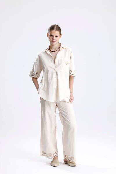 VAPUR TEKSTİL White Business Embroidered Linen Double Suit