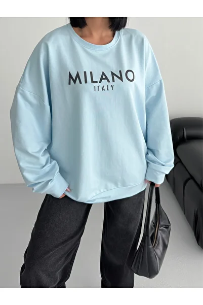 moda paketi Φούτερ με λαιμόκοψη, στάμπα μπροστά, oversize, 2 νήματα