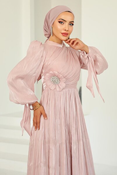 Olcay Βραδινό φόρεμα Yoyo μεταξωτό με λεπτομέρεια με πιέτες και κορδόνια PUDRA 1244