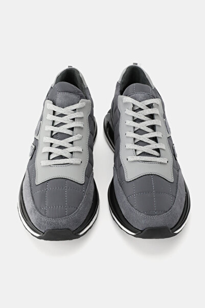 TUNAELLİ Men's Gray Khaki Natural Leather Lace up Sneaker Shoes