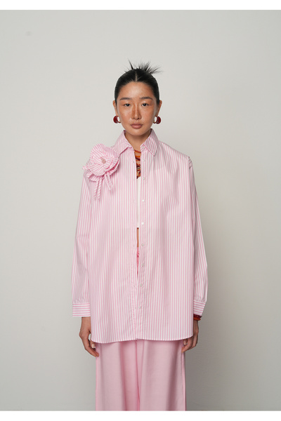 Orfeo Negro Pink and White Striped Women's Shirt with Flower Detail - 100% Cotton, Oversize, Long Cut