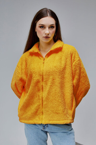 Purpleclo Kadın Oversize Fermuarlı Teddy Peluş Hırka