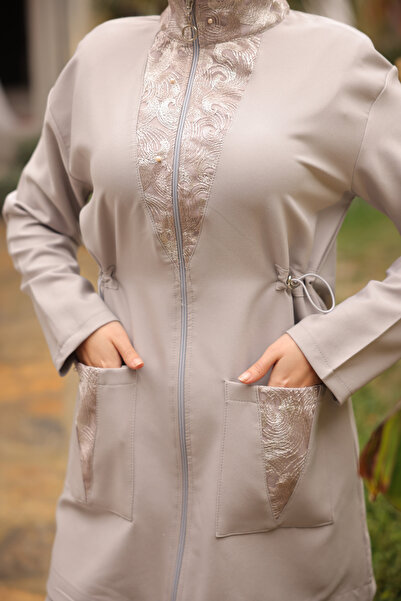 Ryzi Moda Γκρι Γυναικεία Φόρμα Σετ Hijab Κάτω Κοστούμι Διπλό - Πέτρινο Τούλι