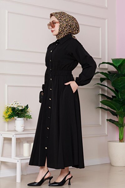 Sevitli Beli Lastik Detaylı Yasemin Elbise-Siyah