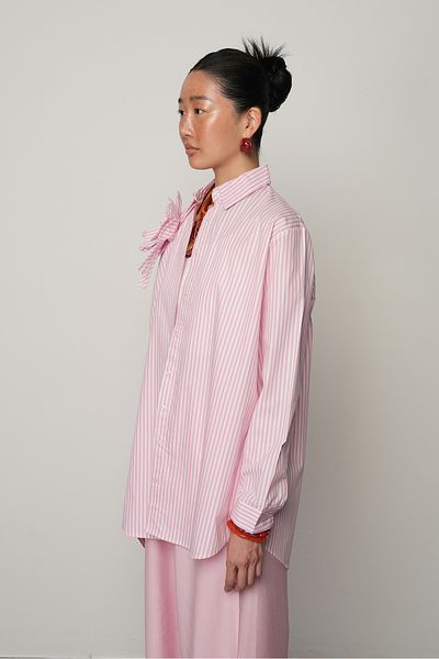 Orfeo Negro Pink and White Striped Women's Shirt with Flower Detail - 100% Cotton, Oversize, Long Cut