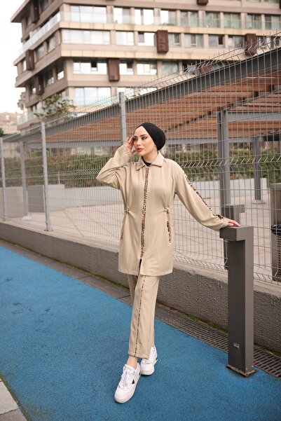 Ryzi Moda طقم رياضي نسائي بيج بسحاب مزدوج - بنطلون تونيك