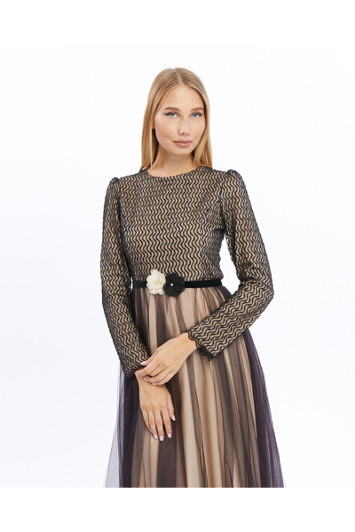 Asees Balloon Sleeve Pattern Tulle Hijab Evening Dress