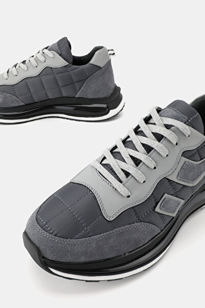 TUNAELLİ Men's Gray Khaki Natural Leather Lace up Sneaker Shoes