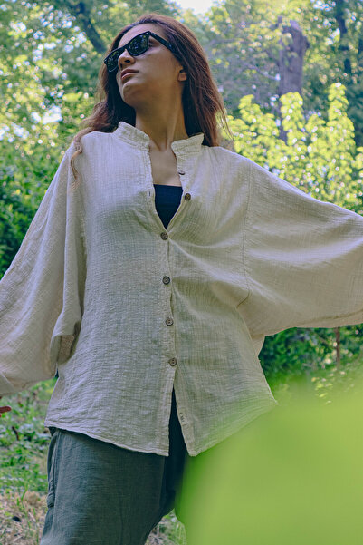 Oiki Krem Oversize Gömlek – Pamuk Keten Karışımı, Bol Kesim, Bohem ve Rahat