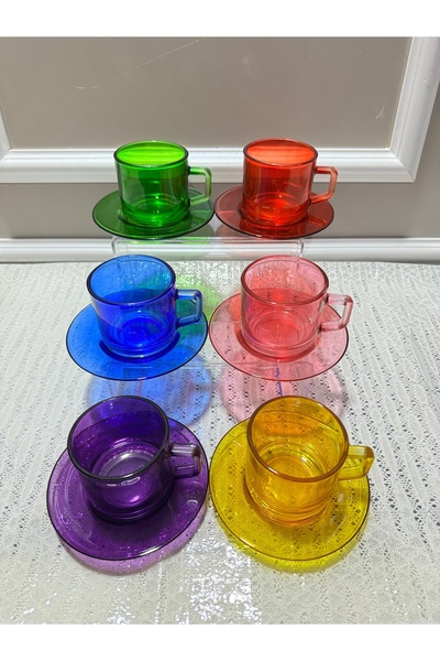 EVRA 12 Parça 6 Kişilik Cam Renkli Çay Fincan Takımı