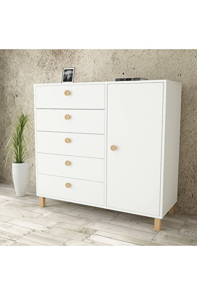 Kardelahome Kardela %100 Mdf Bebek Odası Çocuk Şifonyer 5 Çekmeceli Kapaklı Beyaz