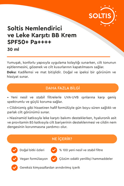 Soltis Nemlendirici ve Leke Karşıtı BB Krem SPF50+ Pa++++ Açık Ton, 30 ml