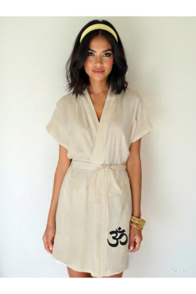 Kidilia Om Symbol Visual Ecru Color Low Sleeve Muslin Kimono