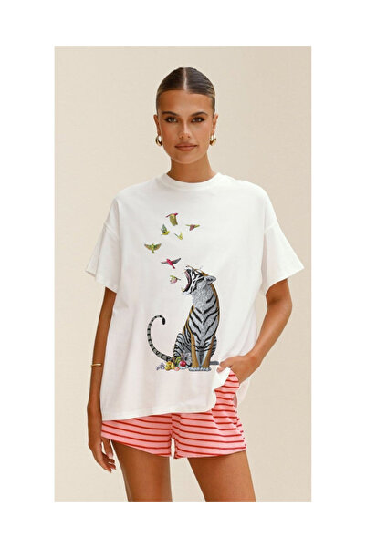 Tubinyoo تي شيرت كبير الحجم للجنسين بنقشة الطيور والتمساح