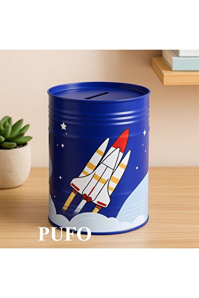 PUFO Space Rocket metal piggy bank, 13 cm, blue