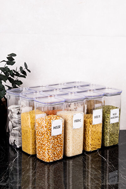 DNS HOME 12'li Vakum Kapaklı Bakliyat Seti Bakliyat Etiketli Saklama Kabı Erzak Kavanozu Mika 1700 ml