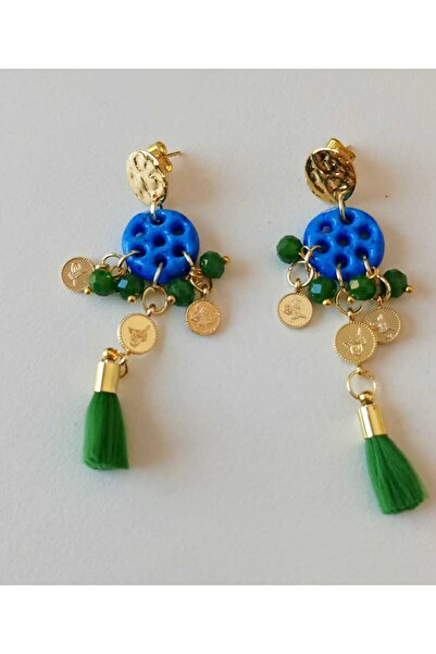 shop Etnik Tasarım Süryani Taşı Küpe – Püskül ve Altın Renk Detaylı