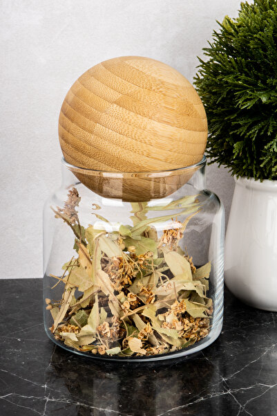 dnshome 1 Adet Ahşap Top Kapaklı Cam Kavanoz Saklama Kabı 500 ml