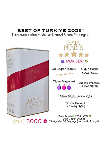 GAIA PEARLS Mor Seri 3 Litre Milas Memecik Olgun Hasat Soğuk Sıkım Zeytinyağı Yoğun Meyvemsi