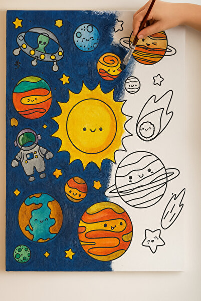 dudugift 25x35 Resimli Tuval Çocuk Boyama Seti-GEZEGENLER renk akrilik boya ve 2 fırça adet fırça