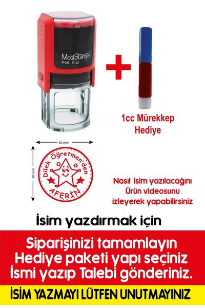 cabuk baskı Kişiye Özel Sırdaş Yuvarlak Öğretmen Kaşesi – Aferin Yazılı 1 Adet 1 cc Kaşe Mürekkebi Hediye