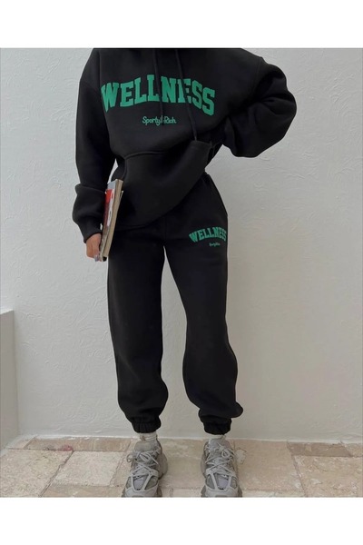 Elvino Γυναικείο σετ φόρμας με κουκούλα Wellness με στάμπα χειμερινή 3 νήματα Oversize 100% βαμβάκι