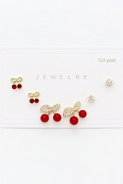 MakeWell 925S Silver Needle Cherry Design Zircon Stone 3-Piece Earring Set