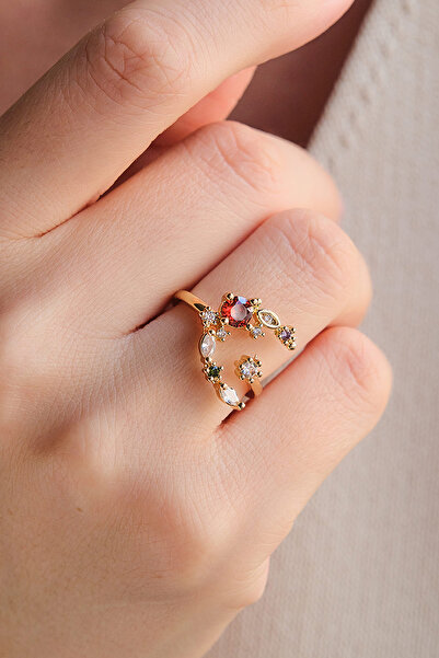 AURRARİ Gold Bordo Doğal Taşlı Hilal Çelik Yüzük