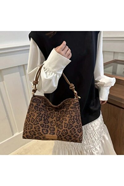 ÇANTA VİP kahverengi leopar desen büyük boy vintage omuz çantası