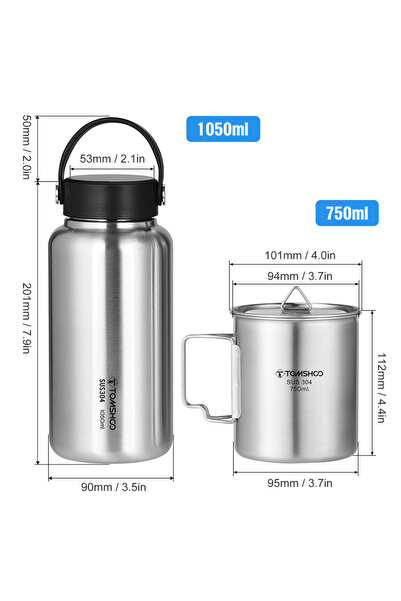 Choice زجاجة وكوب تومشو 1.05 لتر 304 زجاجة ماء من الفولاذ المقاوم للصدأ زجاجة رياضية مانعة للتسرب 750 مل ماء مكعب