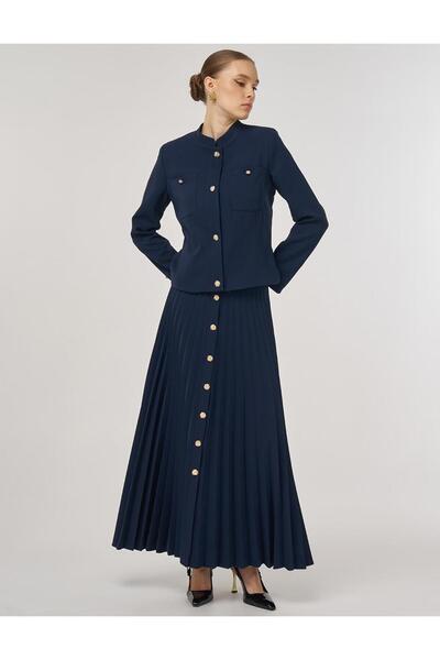 Kayra Gold Buttoned Skirt Suit Dark Navy Blue