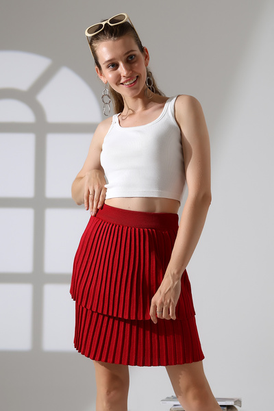 ALCHON Elastic Waist Knee Length Two Layer Basic Knitwear Pleated Skirt