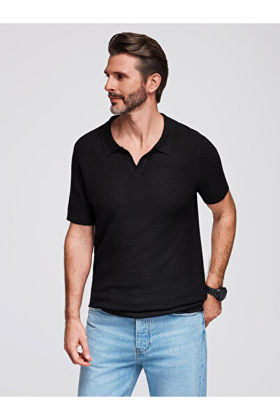 OMBRE Gestricktes Poloshirt für Herren ohne Knöpfe - Schwarz V3 OM-POSS-0157