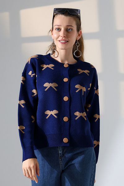 ALCHON Round Neck Long Sleeve Jacquard Panel Bow Tie Bow Pattern 5 Buttons Winter Knitwear Cardigan