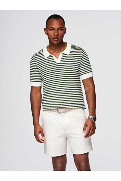 OMBRE Gestricktes Poloshirt ohne Knöpfe für Herren mit marineblauen Streifen – Weiß und Oliv V3 OM-POSS-0161