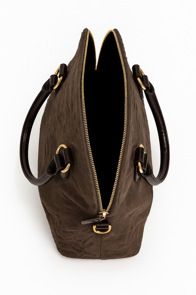 Deriderim Brown Genuine Leather Handle Zipper Bag