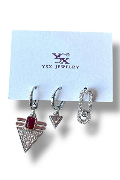 TAKIŞTIR Silver Color Stone Detailed Vip Set of 3 Ysx Earrings