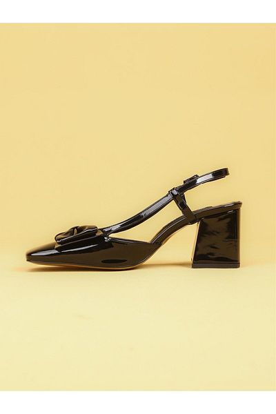 layki Lunara Women's Black Patent Leather Heeled Slingback Shoes with Bow