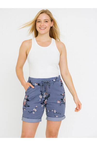 Butik İtalyan Likralı Çiçek Desenli Şort - MAVİ