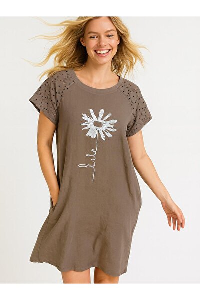 Butik İtalyan Fisto Detaylı Keten Elbise - VİZON