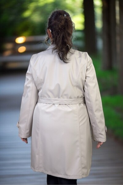 yagmurberen Wooden Button Detail Biblied Double-Breasted Women's Trench Coat in Medium Size