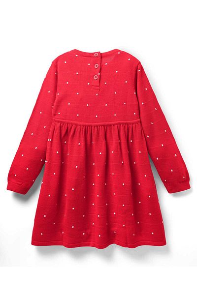 Babyhug Knit Full Sleeves Dress with Polka Dot Design - Red