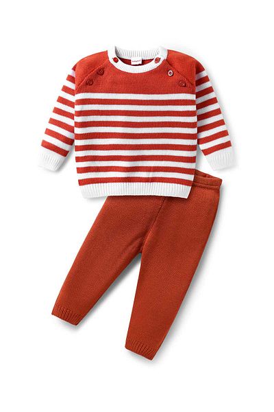 Babyhug Knit Full Sleeves Striped Sweater Set - White & Rust Orange