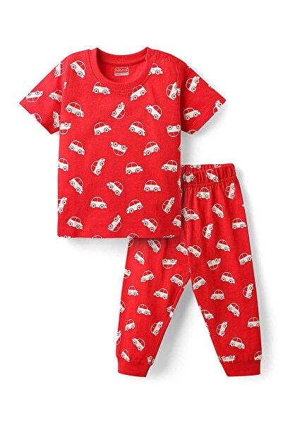 Babyhug بدلة نوم من القطن المحبوك بأكمام نصفية مع طبعة مركبات - أحمر