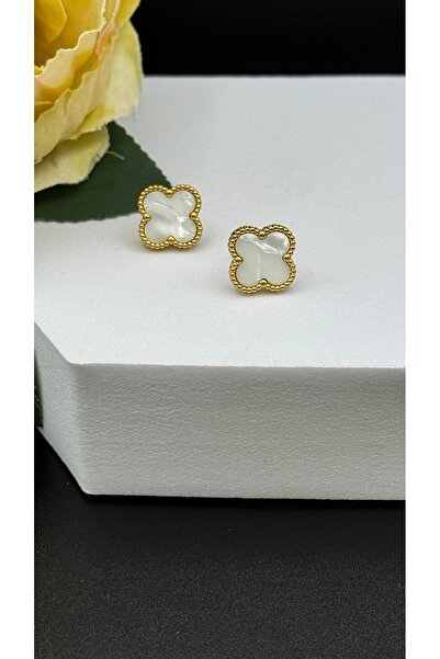 SK aksesuar Beyaz Yonca Model Çelik Küpe