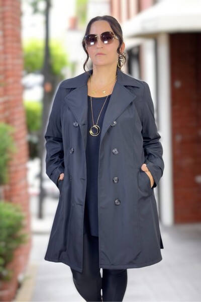yagmurberen Wooden Button Detail Biblied Double-Breasted Women's Trench Coat in Medium Size